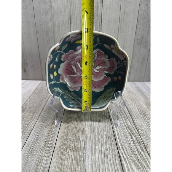 Vtg Chinoiserie Oriental Decorative Bowl Porcelain Painted Teal Floral Pattern - Picture 6 of 7